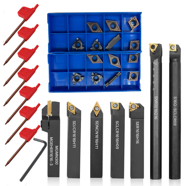 Indexable Lathe Turning Tool 21Pcs Kit 5/8'' 16mm Shank 7 Pcs Metal Lathe Tool Holder Set with 14 Pcs Turning Inserts for Turning Grooving Threading Boring Carbide Inserts Carbide Turning Tool