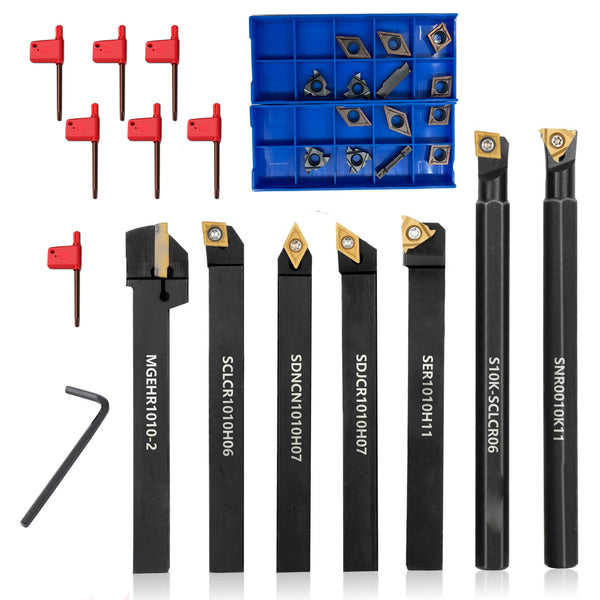 Indexable Lathe Turning Tool 21Pcs Kit 3/8'' 10mm Shank 7Pcs Metal Lathe Tools Holder Set with 14Pcs Turning Inserts for Turning Grooving Threading Boring Carbide Inserts Carbide Turning Tool