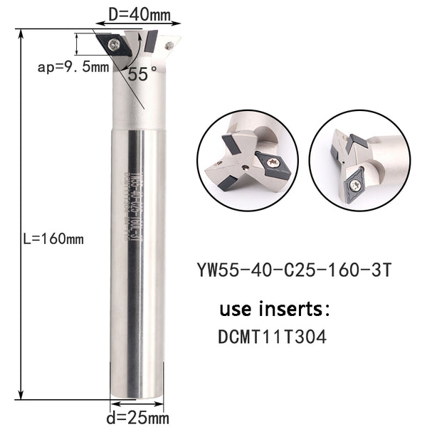 YW55-40-C25-160-3T CNC Dovetail Milling Cutter Bar – 55° Design, 40mm Blade.