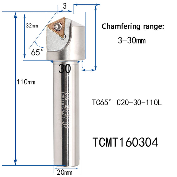 TC65° C20-30-110L CNC Chamfering Tool – 65° Angle, 3-30mm Chamfer Range, Nickel-Plated