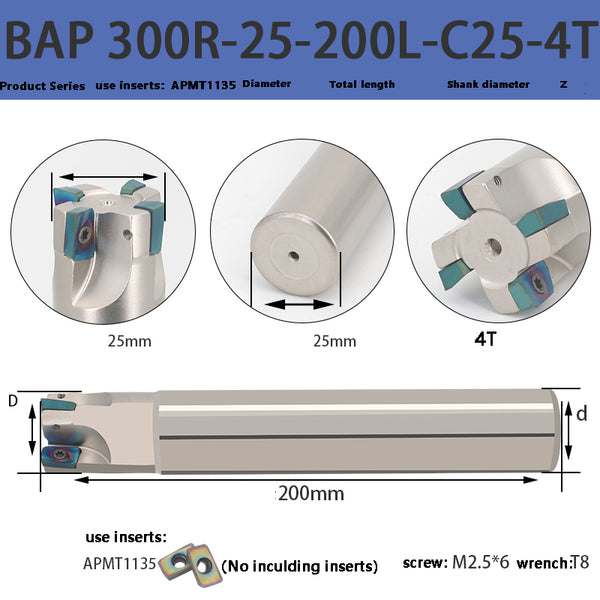 BAP300R-25-200-C25-4T Milling Cutter Bar – High-Efficiency, Four-Blade Right Angle Cutter